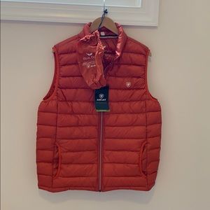Auburn Ariat Ideal Down vest with storage bag.